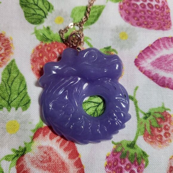 Purple Jade Carved Dragon Pendant Necklace in 14K Rose Gold/Sterling Silver - Picture 7 of 10